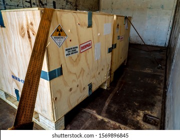 Radiation Warning Sign On The Hazardous Materials Transport Label Sticker Class 7 At The Container Of Transport Truck