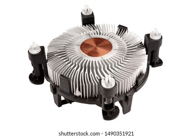 radiator with fan for cooling the computer processor in the system unit, cooler with aluminum radiator and copper core, isolated on white background