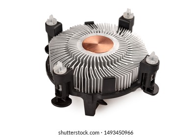 radiator with fan for cooling the computer processor in the system unit, cooler with aluminum radiator and copper core, isolated on white background