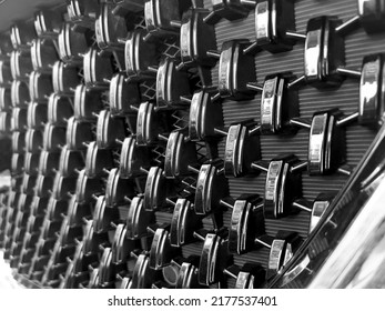 Radiator Grille Pattern. Car Radiator Grill Close Up. Chrome Grill Of Big Powerful Car Engine.