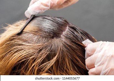 A Radical Change Of Hair Color. Blonde Woman Master Puts Paint On Her Hair