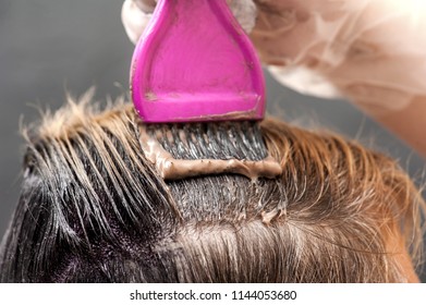 A Radical Change Of Hair Color. Blonde Woman Master Puts Paint On Her Hair