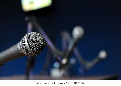 Radio Booth: Metal Microphone On Blue And Orange Background