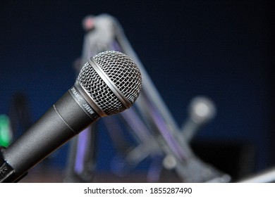 Radio Booth: Metal Microphone On Blue And Orange Background