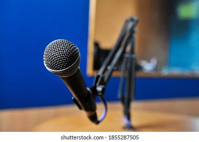 Radio Booth: Metal Microphone On Blue And Orange Background