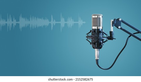 Radio microphone isolated on blue background, concept of podcast, online radio, streaming, entertainment, audio, and communication.