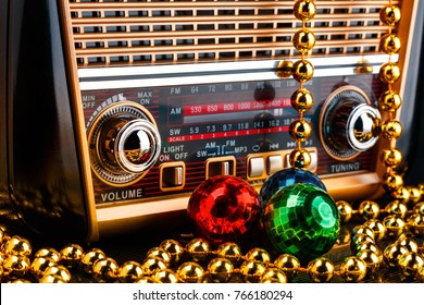 Radio Receiver In Retro Style With Christmas Decorations