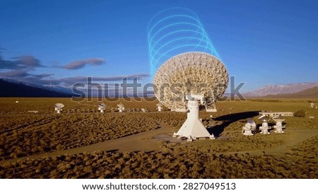 Radio telescope array captures cosmic signals in the Owens Valley twilight, pulsing with digital communication rings