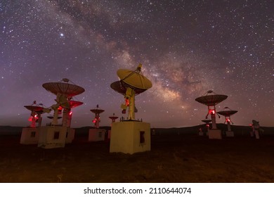 Radio telescopes and the Milky Way at night, Milky way panorama, Milky way over radio telescopes - Shutterstock ID 2110644074