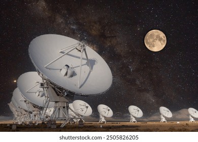 Radio telescopes at the Very Large Array, with the backdrop of the moon and starry sky in the background. The National Radio Observatory in New Mexico . A fictional painting