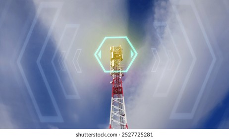 Radio tower broadcasting electromagnetic waves against blue sky. Communication technology concept 