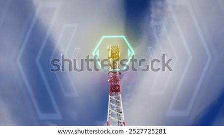 Radio tower broadcasting electromagnetic waves against blue sky. Communication technology concept 