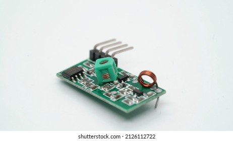 Radio transmitter and receiver electronic component with antenna. Small single board computer, device for study at white isolated. Electronics diy robotics chip microcontroller board. Rx Tx. - Shutterstock ID 2126112722