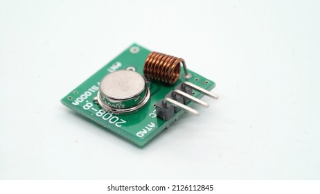 Radio transmitter and receiver electronic component with antenna. Small single board computer, device for study at white isolated. Electronics diy robotics chip microcontroller board. Rx Tx.