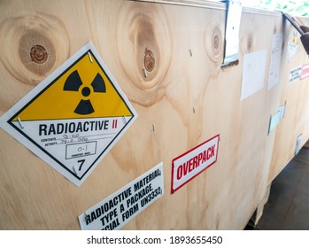 Radioactive Material Label Beside The Transportation Wooden Box Type A Standard Package