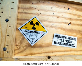 Radioactive Material Warning Label Beside The Transportation Standard Wooden Package