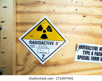 Radioactive Material Warning Label Beside The Transportation Standard Wooden Package