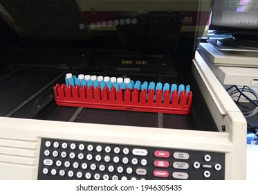 Radioactive samples in plastic vials, to be read by a liquid scintillation counter                             