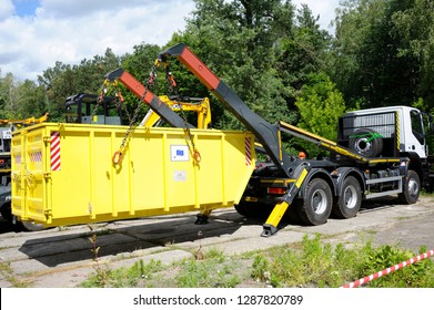 Radioactive Waste Storage Container Loading On A Truck Crane. October 1, 2018. State Corporation “Radon”. Kiev, Ukraine 