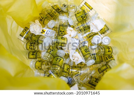 Radioactive waste used for medical purposes is a waste. Packed in bins and yellow garbage bags in hospitals.