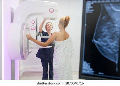 Radiographer is operating the mammogram system while the patient is waiting