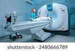 Radiologist consults patient before undergoing diagnostics using magnetic resonance imaging machine in medical center. Patient getting recommendations from doctor before tomography procedure. MRI