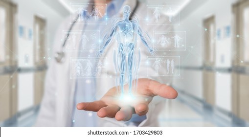 Radiologist on blurred background using digital x-ray human body holographic scan projection 3D rendering