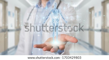 Radiologist on blurred background using digital x-ray human body holographic scan projection 3D rendering