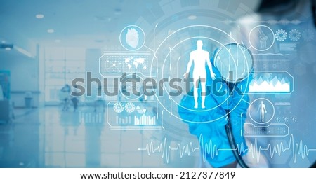 Radiologist on blurred background using digital x-ray human body holographic scan projection 3D rendering