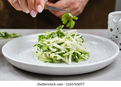 Radish Daikon And Sliced Cucumber In A Plate. Tasty And Healthy Food. Cooking And Home Recipes. Shallow Depth Of Field