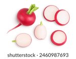 Radish with slices isolated on white background. Top view. Flat lay