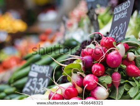 Radishes at fruit and vegetable market.