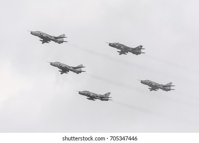 RADOM, POLAND - AUGUST 26, 2017 : Polish Su 22 Fighter Display During Radom Air Show 2017.