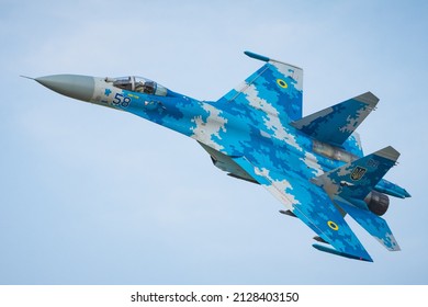 RADOM, POLAND - AUGUST 27, 2017: Ukrainian Air Force SU-27 AB Fighter Fly Over Radom Airfield