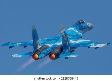 RADOM, POLAND - AUGUST 27, 2017: Ukrainian Air Force SU-27 AB Fighter Fly Over Radom Airfield