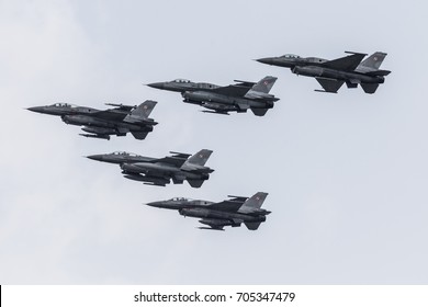 RADOM, POLAND - AUGUST 27, 2017 : Unidentified pilots from Polish Army present Lockheed Martin F-16 during Air Show Radom 2017