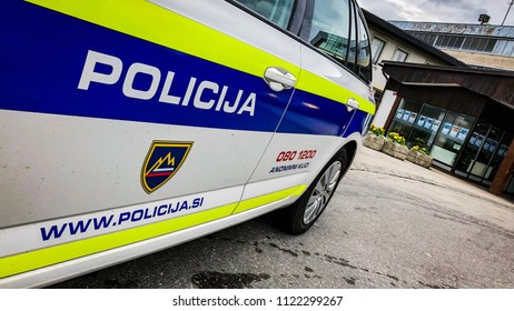 Radovljica, Slovenia, June 2018 - Side view of police car in Slovenia