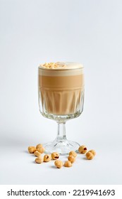 Raf Coffee With Nuts In A Glass, White Background, Product Photography