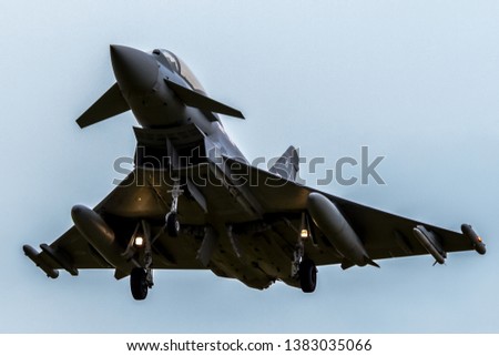 RAF Eurofighter Typhoon on approach with undercarriage down.