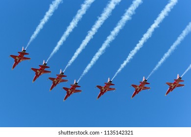 RAF Fairford, Gloucestershire, UK - July 14, 2014: Patrouille Suisse formation display team of the Swiss Air Force flying Northrop F-5E fighter aircraft.