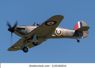 RAF Fairford, Gloucestershire, UK - July 10, 2014: 1940 Hawker Hurricane Mk.1 R4118 (G-HUPW) A Former Royal Air Force (RAF) Aircraft And A Battle Of Britain Survivor.