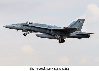 RAF FAIRFORD, GLOUCESTERSHIRE, UK - JULY 16: A Royal Canadian Air Force CF-18 Hornet fighter jet on July 16, 2018 at RAF Fairford, Gloucestershire, UK.