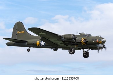 RAF Waddington, Lincolnshire, UK - July 5, 2014: World War II era Boeing B-17 Flying Fortress bomber aircraft ÒSally BÓ (G-BEDF). 