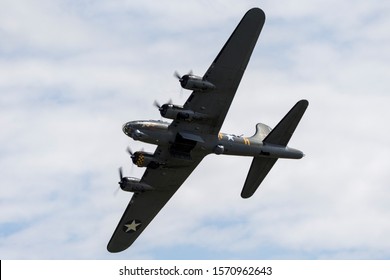 RAF Waddington, Lincolnshire, UK - July 5, 2014: World War II Era Boeing B-17 Flying Fortress Bomber Aircraft ÒSally BÓ (G-BEDF). 