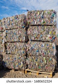 RAFAELA, ARGENTINAS - July 18, 2019: 
 Compacted Bale Of Plastic Objects For Recycling