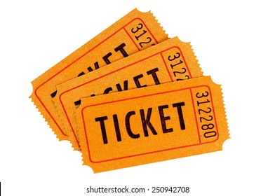 Raffle Ticket : Group Of Three Orange Movie Or Concert Tickets Isolated On A White Background.  