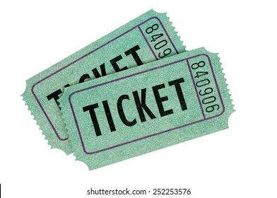 Raffle Ticket : Two Green Raffle Or Movie Tickets Isolated On White Background.  