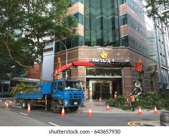 Raffles Place, Singapore - May 20, 2017 : Indian Male Workers Cutting And Trimming Tall Trees In The CBD Area With A Help From Crane Truck