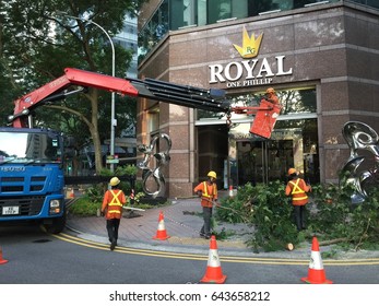 Raffles Place, Singapore - May 20, 2017 : Indian Male Workers Cutting And Trimming Tall Trees In The CBD Area With A Help From Crane Truck