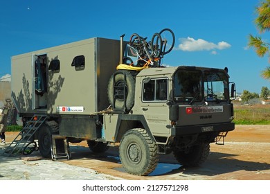 RAFINA, GREECE, FEBRUARY 18,2022. German Military Truck, MAN Kat1 4X4 Diesel V8 Deutz, Converted To Moving Home, The Turtle Trotter, Driving All Over The World By French Family, Spotted In Greece.